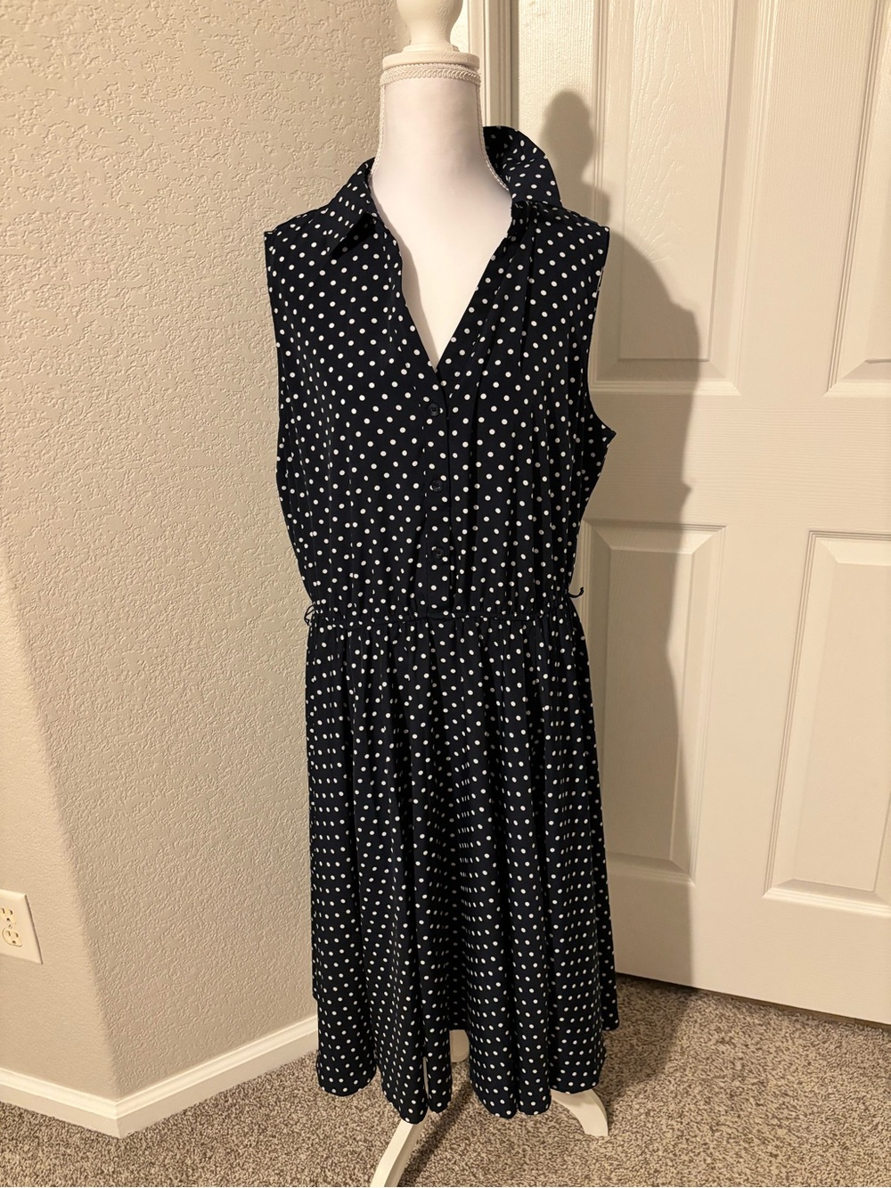 Charter Club Navy and White Polka Dot Sleeveless Midi Dress